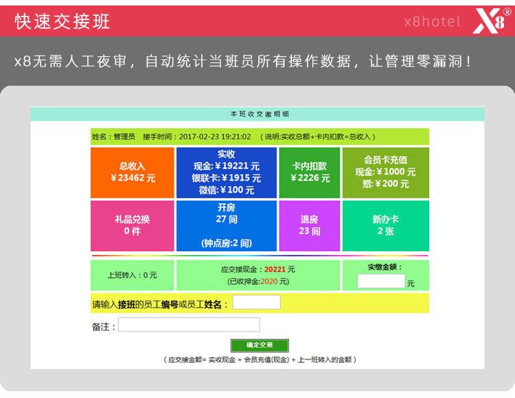 x8賓館客房管理軟件交接班管理,酒店員工管理軟件